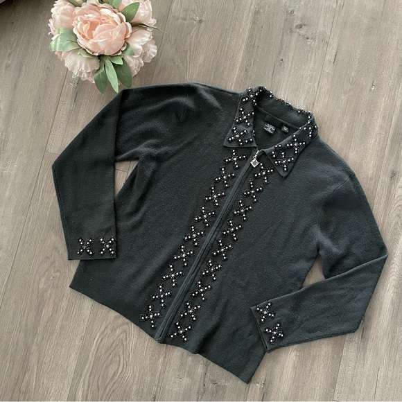 Vintage Radzoli Dark Grey Wool Bling Gem Beaded Zip Up Cardigan Sweater - Picture 1 of 5